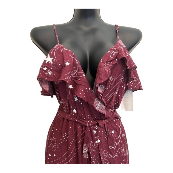 Lovestitch RUFFLE TOP WRAP MAXI DRESS IN WINE celestial pattern - Picture 4 of 14